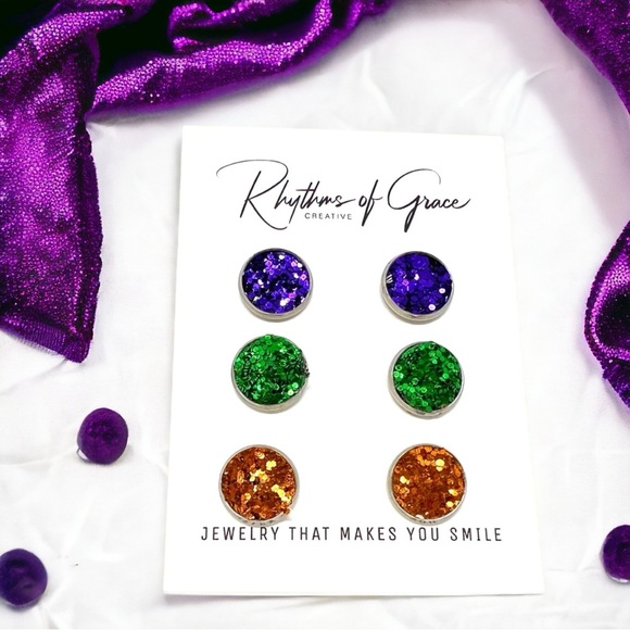 Sparkle & Shine: Mardi Gras Trio of Glitter Stud Earrings! NWT Studs - Picture 3 of 10